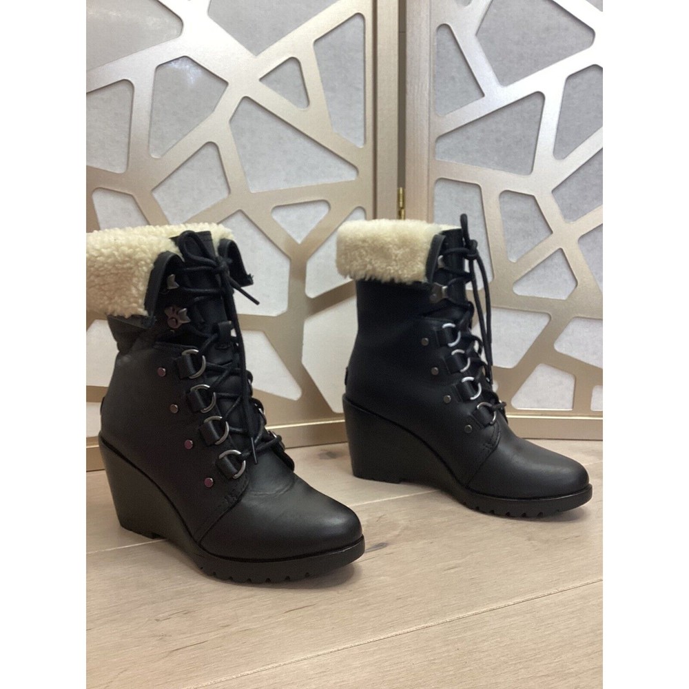 Sorel Women After Hours Lace Up Shearling Black Leather Wedge Boots fur collar 7 - Picture 5 of 11